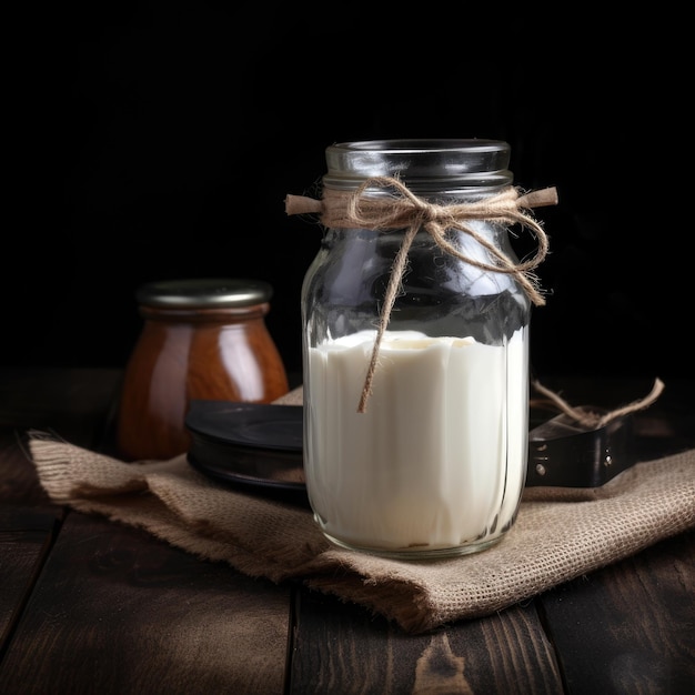 A jar of milk on a wooden table