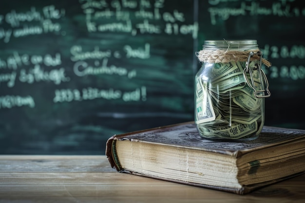 Photo jar of money on top of book