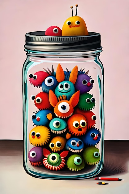 A jar of monsters with a black lid is filled with balls.