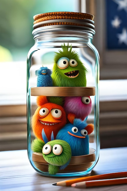 A jar of monsters with a blue and white flag behind it.