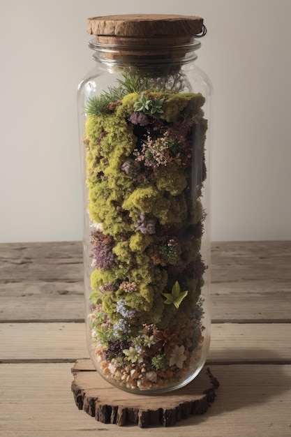 A jar of moss and other plants