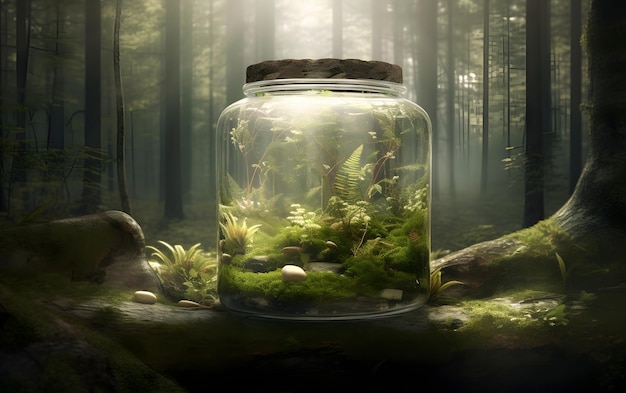 A jar of mosses in a forest with a mossy plant inside.