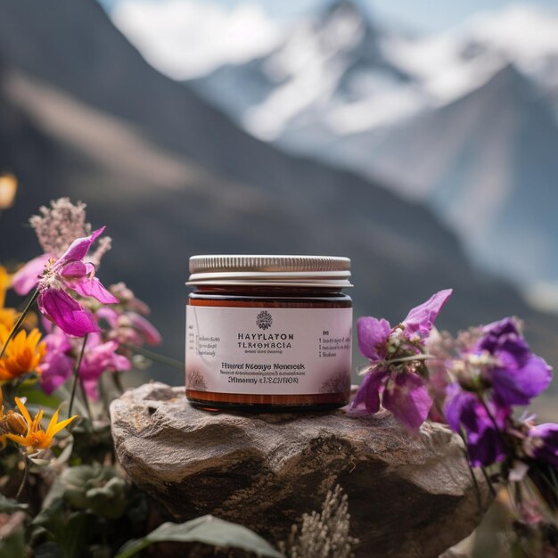 a jar of natural beauty products sits on a rock