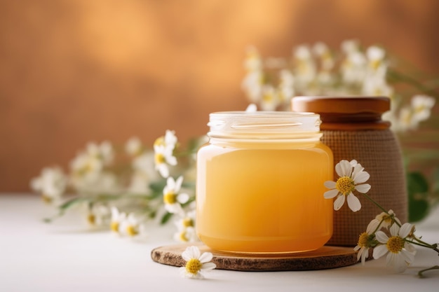 A jar of natural honey and plant branches