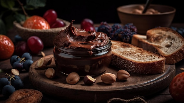 A jar of nutella spread next to a bowl of bread and nuts.