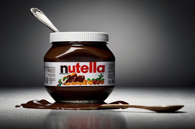 Photo a jar of nutella with a spoon dipped in