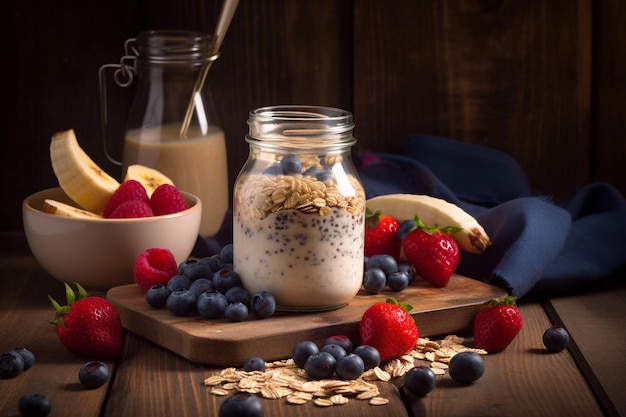 A jar of oatmeal with a banana next to it