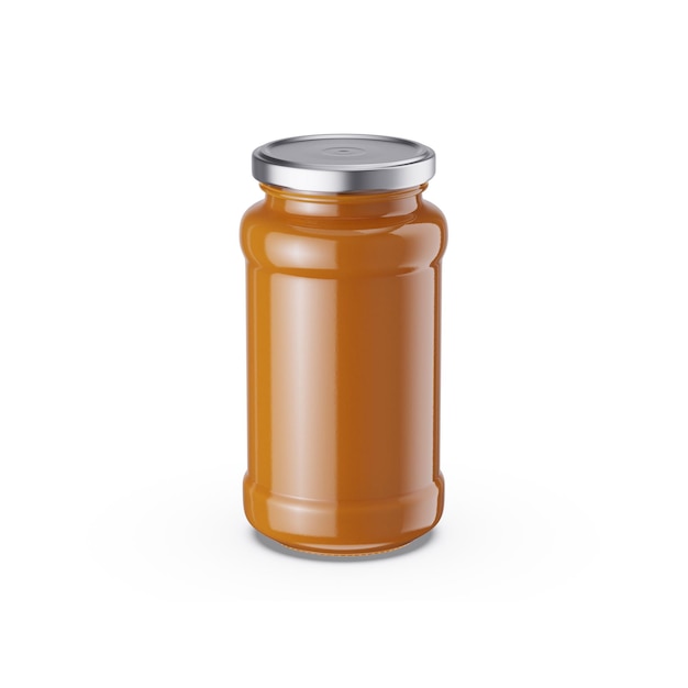 A jar of orange food with a silver cap.