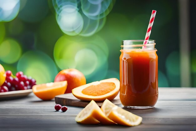 A jar of orange juice with fruit and a straw in it