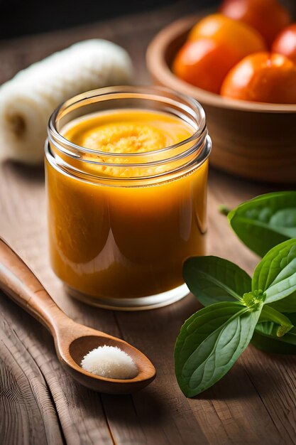 A jar of orange juice with a wooden spoon next to it.