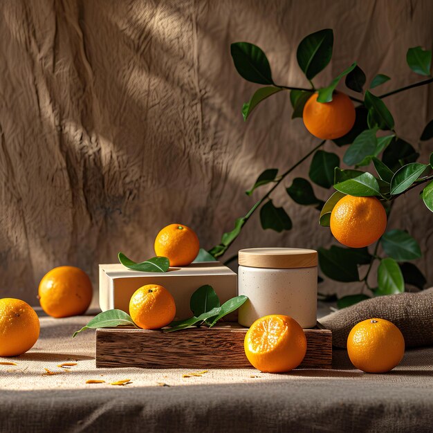 A jar of oranges with leaf sits on a table