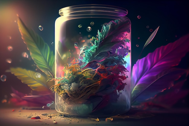 A jar of paint and feathers with a colorful painting of a bird inside.