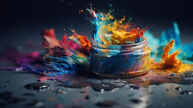 A jar of paint is covered in colorful paint and is surrounded by a black background.