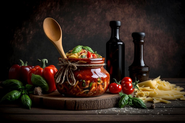 A jar of pasta with a wooden spoon is surrounded by fresh pasta and other ingredients.