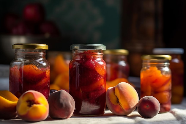 A jar of peach jam with peaches on the side.