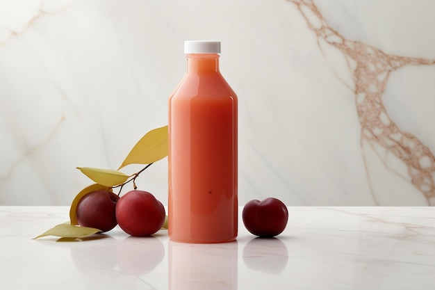 A jar of peach juice with cherries on marble table