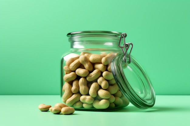 A jar of peanuts is open to a green background.