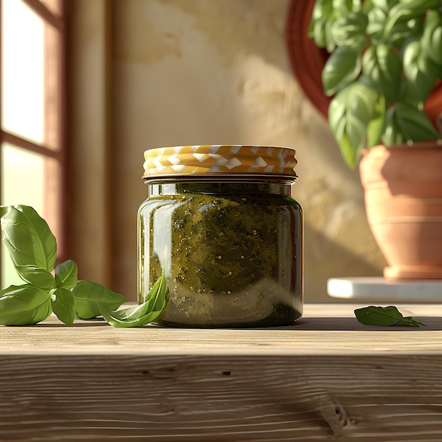 Photo a jar of pesto on a table next to a potted plant and a book on a table vray render photorealism ejle