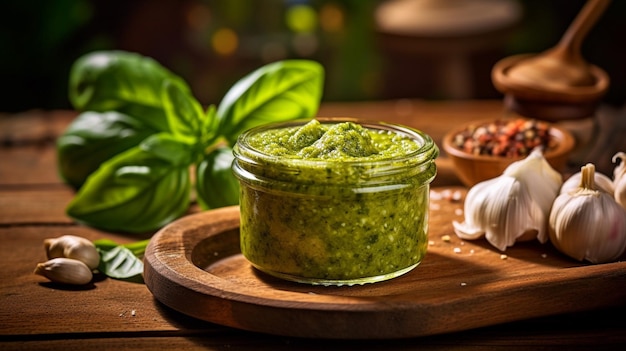 A jar of pesto with a spoonful of garlic and parsley on a wooden cutting board.