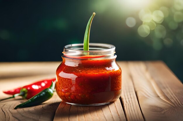 a jar of pickled tomato sauce with a green stem.