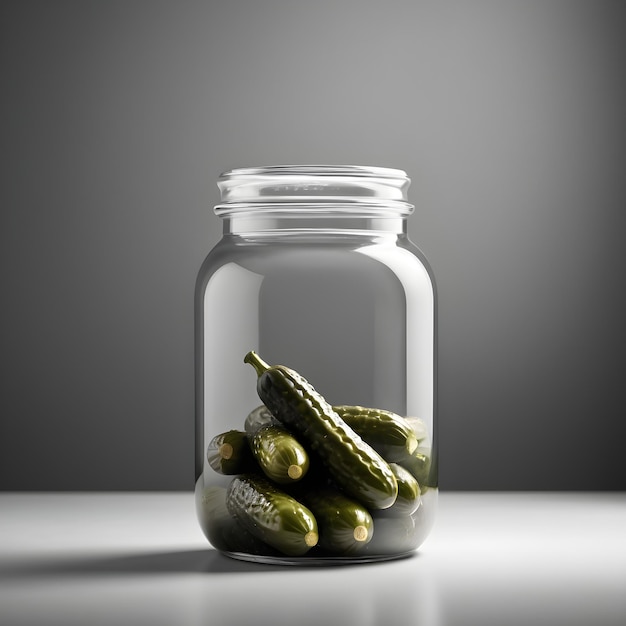 a jar of pickles sits on a table with a gray background