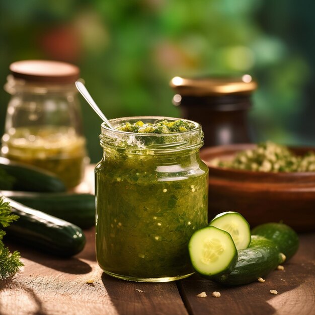 a jar of pickles sits on a table with other ingredients.