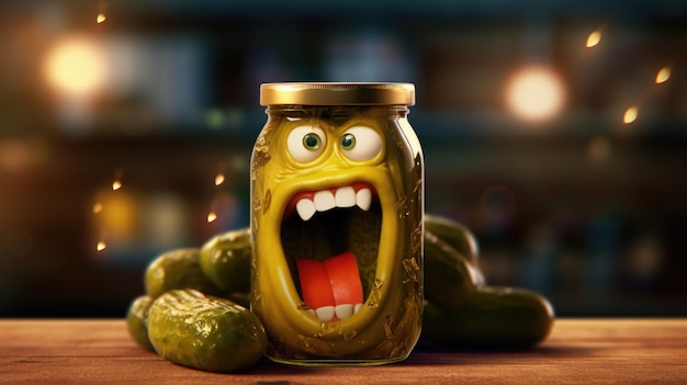 A jar of pickles with a mouth open and a large mouth open.