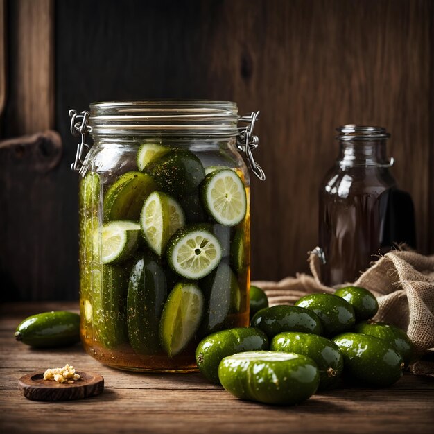 Photo jar of pickles on wooden background