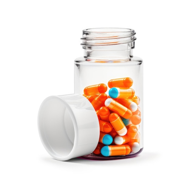 A jar of pills with a white lid and blue pills on it.