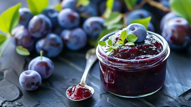 A jar of plum jam on a table