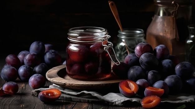 A jar of plums on a wooden table with a jar of plums on it.