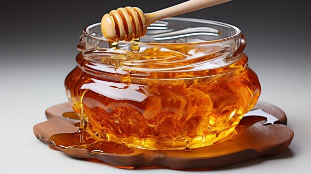 Jar of pure honey with honey dipper isolated on white background