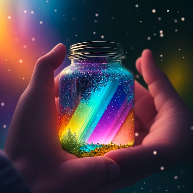 A jar of rainbows is being held in someone's hand