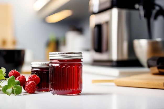 A jar of raspberry jam and fresh berries with leaves in a bright kitchen Copy space