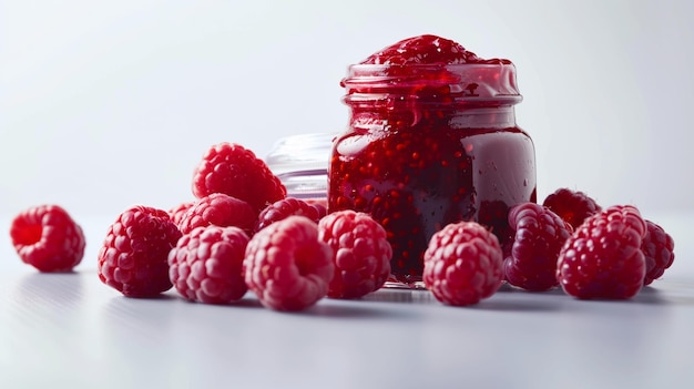 Photo jar of raspberry jam surrounded by raspberries