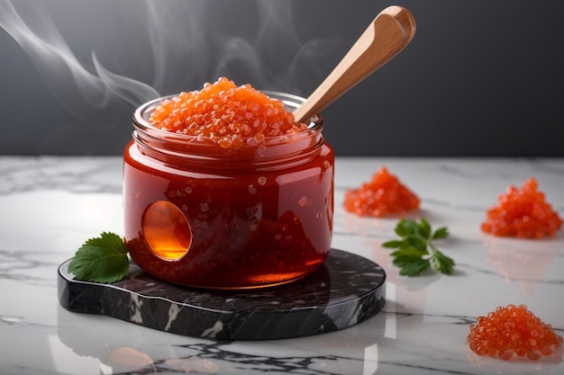 Jar of Red Caviar with Wooden Spoon on Marble