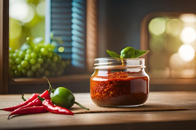 A jar of red chili on a table next to some chilis.