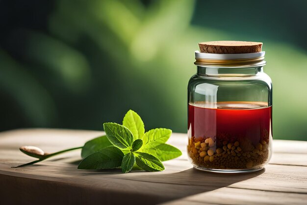 A jar of red peppercorns sits on a wooden table with a green background.