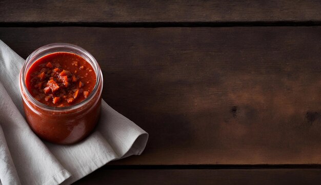 Foto un barattolo di salsa rossa su un tavolo di legno con spazio per copiare il testo