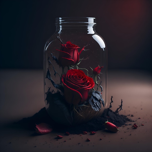 Photo a jar of roses with a dark background and a red rose in the bottom.