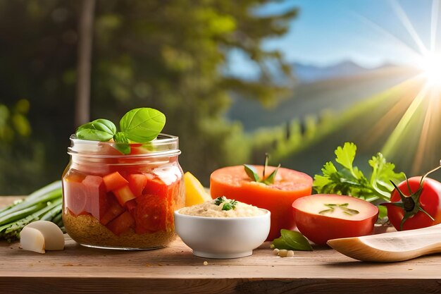 A jar of salad with tomatoes, lettuce, and parsley