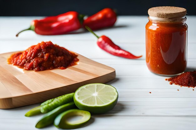 Photo a jar of salsa with a slice of lime on the table