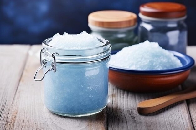 a jar of salt sits on a wooden table with other jars and other jars