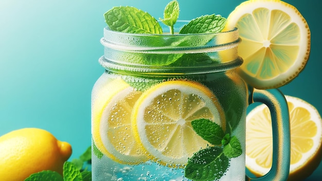 jar of sparkling lemonade made with soda water fresh lemon slices and mint leaves