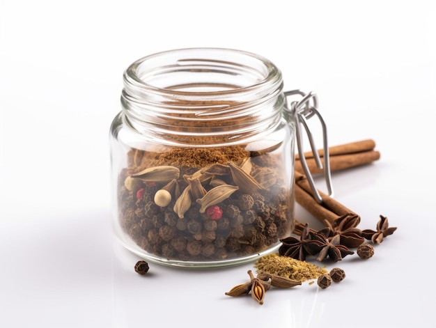 A jar of spices with a spoon next to it