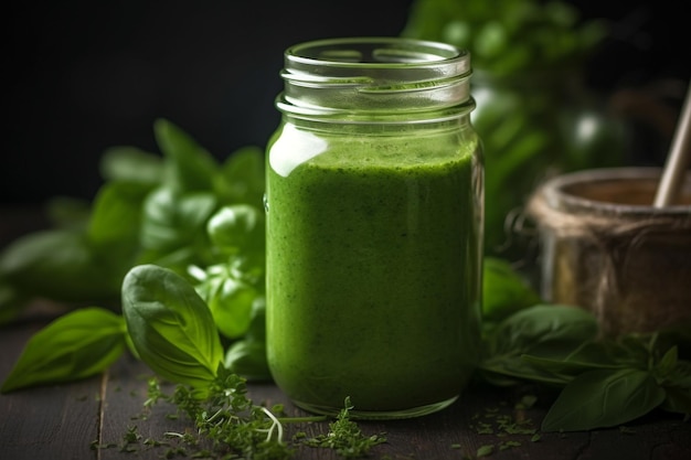 A jar of spinach smoothie sits on a table