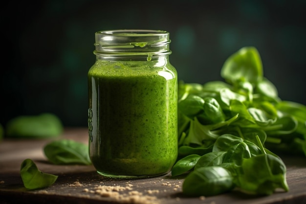 A jar of spinach smoothie sits on a table