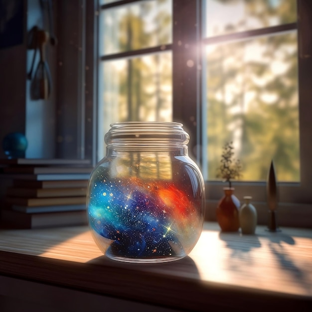 A jar of stars is on a table with a window in the background.