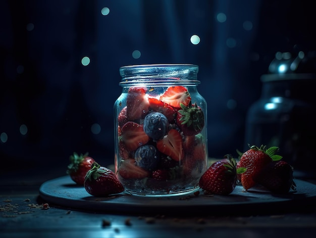 A jar of strawberries and blueberries sits on a dark table with a dark blue background.