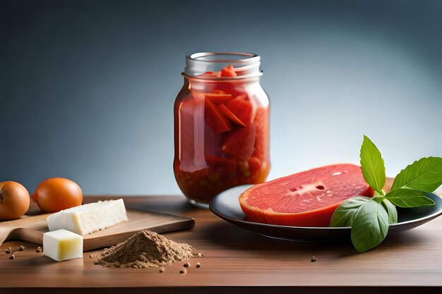 A jar of strawberries and cheese next to a plate of cheese and a jar of strawberries.